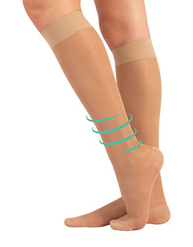 CALCETINES MEDICOS | MEDIAS HASTA LA RODILLA A COMPRESIÓN GRADUADA FUERTE | 140 DEN 15-21mm/Hg | CALCETERÍA ITALIANA | (L/XL, NATURAL)