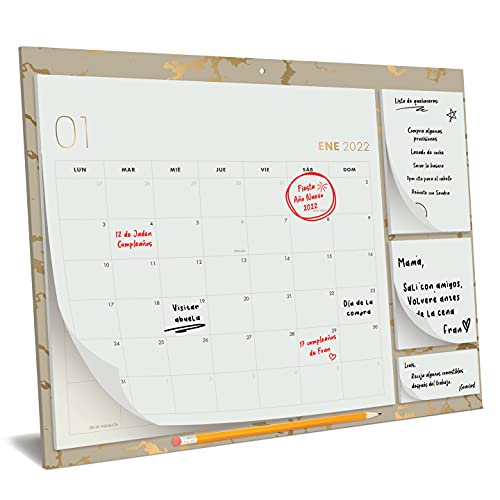 Calendario Familiar 2022, Oro – Vista Mensual, Planificador Familiar con 3 Notas Adhesivas – para la Pared o la Nevera, para Casa o como Organizador de Cocina – a Diciembre de 2022, 30x40cm