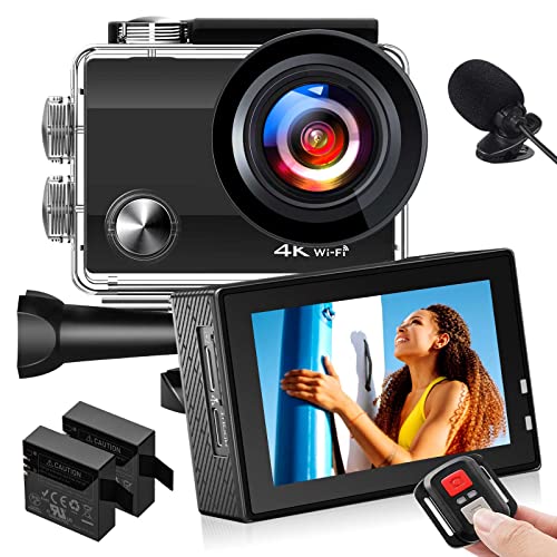 Cámara Deportiva con WiFi 4K, cámara de acción a Prueba de Agua de 40M para vlogging, con Lente Gran Angular Ultra HD de 170 °, Control Remoto de 2.4G, 2 baterías Recargables y Accesorios