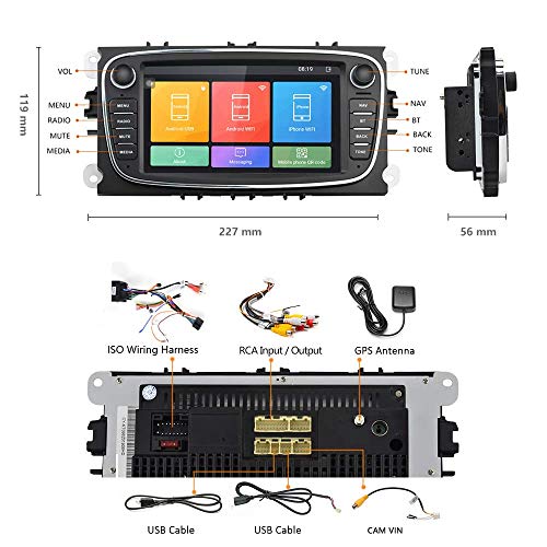 CAMECHO Android Car Radio para Ford GPS Pantalla táctil capacitiva de 7 Pulgadas estéreo para automóvil WiFi Bluetooth FM Dual USB para Ford Focus Mondeo C-MAX S-MAX Galaxy II Kuga