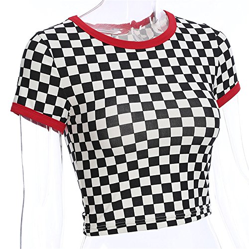 Camiseta a Cuadros Blanca y Negra de Vogue con Cuello en O de Streetwear Camiseta Femenina (Medio)