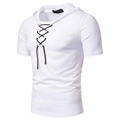 Camiseta Deportiva Hombre Deportiva Y De Ocio Elástica Hombre Tshirt Moda Verano con Cordones Ajustada De Manga Corta Correr Entrenamiento Urbano Moderno con Capucha Hombre A-White M