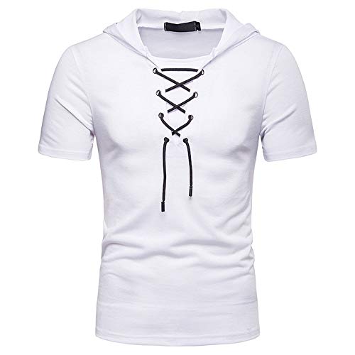 Camiseta Deportiva Hombre Deportiva Y De Ocio Elástica Hombre Tshirt Moda Verano con Cordones Ajustada De Manga Corta Correr Entrenamiento Urbano Moderno con Capucha Hombre A-White M