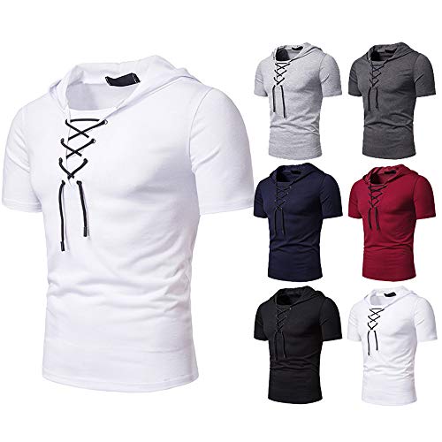 Camiseta Deportiva Hombre Deportiva Y De Ocio Elástica Hombre Tshirt Moda Verano con Cordones Ajustada De Manga Corta Correr Entrenamiento Urbano Moderno con Capucha Hombre A-White M