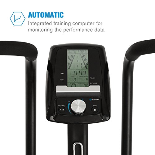 CAPITAL SPORTS Strike Bike - Bicicleta estática, Cardioentrenador, Ventilador de Resistencia, Ordenador Integrado, Bluetooth, Altura y Fondo Ajustables, Soporte Tableta, Peso máx: 150Kg, Negro