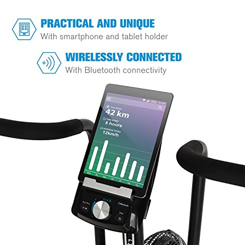 CAPITAL SPORTS Strike Bike - Bicicleta estática, Cardioentrenador, Ventilador de Resistencia, Ordenador Integrado, Bluetooth, Altura y Fondo Ajustables, Soporte Tableta, Peso máx: 150Kg, Negro
