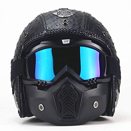 CARACHOME Casco De Motocross Hombre Y Mujer con Máscara Desmontable para Gafas, Casco Moto Vintage Resistente Al Viento Y A Prueba De Arena, Casco Integral para Patinete Electrico Scooter,Black,XL