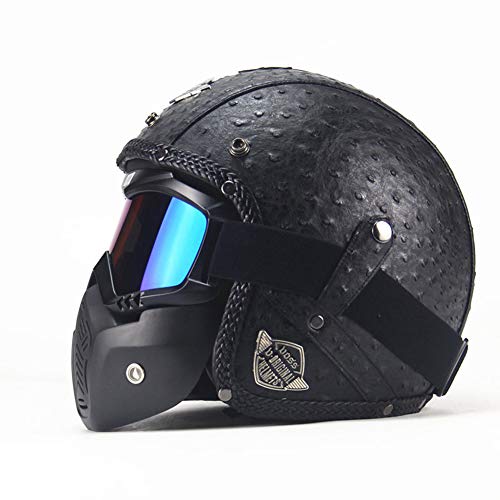 CARACHOME Casco De Motocross Hombre Y Mujer con Máscara Desmontable para Gafas, Casco Moto Vintage Resistente Al Viento Y A Prueba De Arena, Casco Integral para Patinete Electrico Scooter,Black,XL