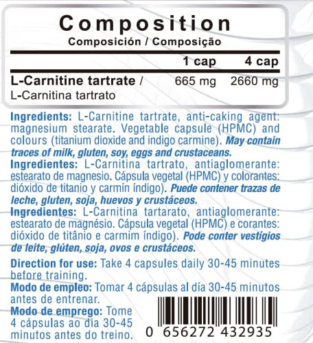 CARNI BEST | L Carnitina (2660 mg) | 120 cápsulas veganas | Suplemento deportivo con L Carnitina Tartrato pura | Ayuda a la metabolización eficiente de las grasas y mejorar el rendimiento deportivo