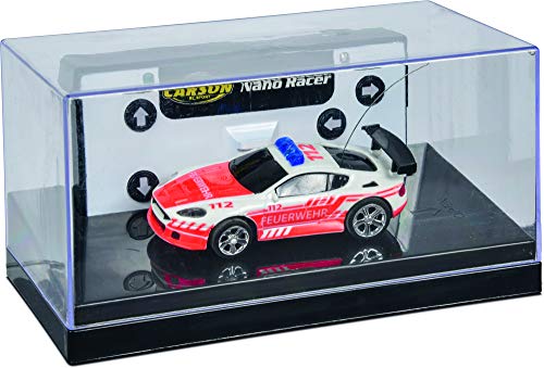 Carson 500404180 Nano Racer - Coche teledirigido (27 MHz, 100 % RTR, Incluye Vitrina de Almacenamiento), Color Naranja