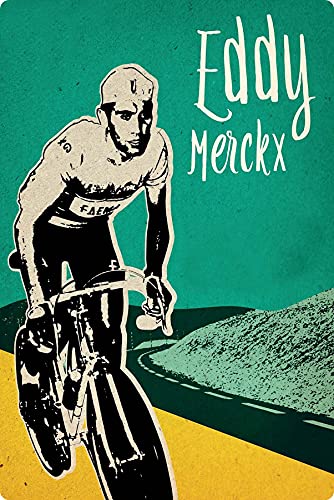 Cartel de chapa de 20 x 30 cm, curvado, rueda de carreras, conductor Eddie Merckx, bicicleta, decoración, regalo