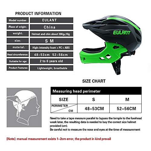 Casco de Bicicleta Niños Ligero Casco Integral con Protector de Barbilla Desmontable Visera Desmontable Casco de Descenso Niños para Patines Scooter Equilibrio Bicicleta Negro-Verde/S