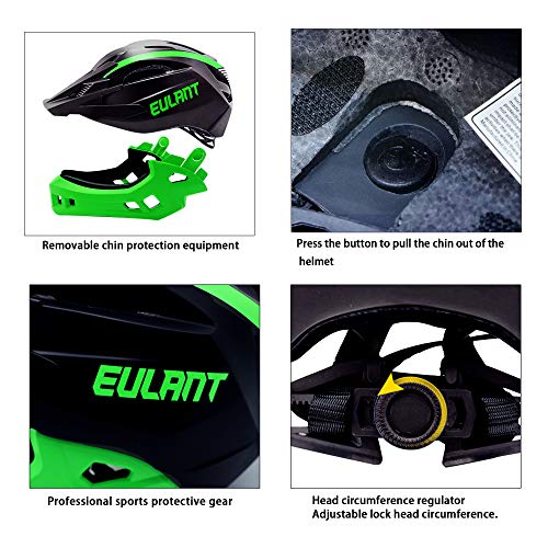 Casco de Bicicleta Niños Ligero Casco Integral con Protector de Barbilla Desmontable Visera Desmontable Casco de Descenso Niños para Patines Scooter Equilibrio Bicicleta Negro-Verde/S