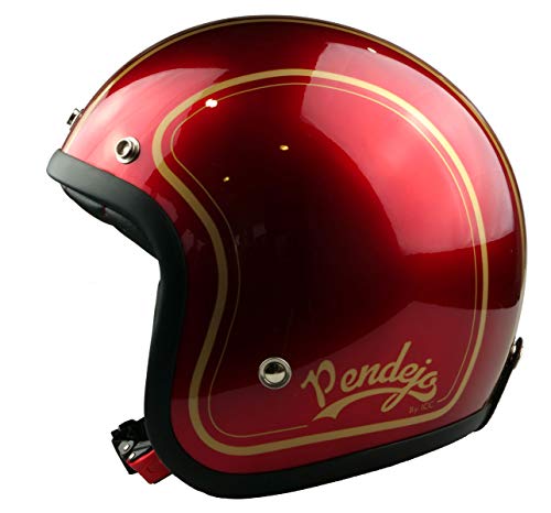 Casco de moto jet Pendejo classic en rojo con detalles en dorado by Iguana Custom Collection con corchetes para pantallas y tira de cuero sujeta gafas. (M)