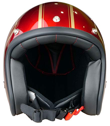 Casco de moto jet Pendejo classic en rojo con detalles en dorado by Iguana Custom Collection con corchetes para pantallas y tira de cuero sujeta gafas. (M)