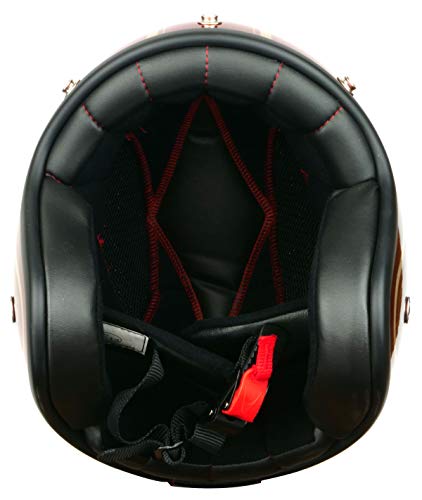 Casco de moto jet Pendejo classic en rojo con detalles en dorado by Iguana Custom Collection con corchetes para pantallas y tira de cuero sujeta gafas. (M)