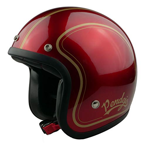 Casco de moto jet Pendejo classic en rojo con detalles en dorado by Iguana Custom Collection con corchetes para pantallas y tira de cuero sujeta gafas. (M)