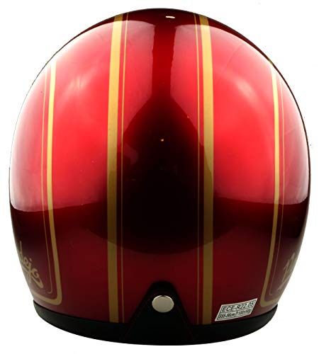 Casco de moto jet Pendejo classic en rojo con detalles en dorado by Iguana Custom Collection con corchetes para pantallas y tira de cuero sujeta gafas. (M)