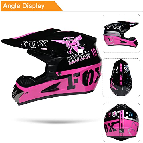 Casco de Moto Niño, Casco Motocross Infantil y Adultos con Fox Design Casco Cross Integral Mujer Hombre para MTB Descenso Enduro Scooter (Gafas Guantes Máscara Red elástica), Negro Rosa,M