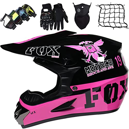 Casco de Moto Niño, Casco Motocross Infantil y Adultos con Fox Design Casco Cross Integral Mujer Hombre para MTB Descenso Enduro Scooter (Gafas Guantes Máscara Red elástica), Negro Rosa,M