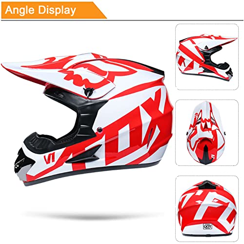 Casco Integral con Gafas Guantes Máscara Red elástica, Casco de Motocross para Niños y Adultos, Casco Motocicleta para MTB Dirt Bike Off Road Equipo de Protección - con FOX Design,White Red-XL