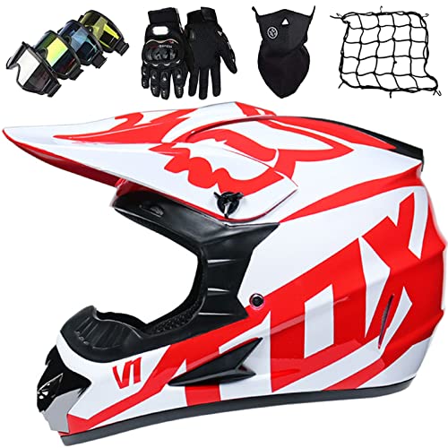 Casco Integral con Gafas Guantes Máscara Red elástica, Casco de Motocross para Niños y Adultos, Casco Motocicleta para MTB Dirt Bike Off Road Equipo de Protección - con FOX Design,White Red-XL