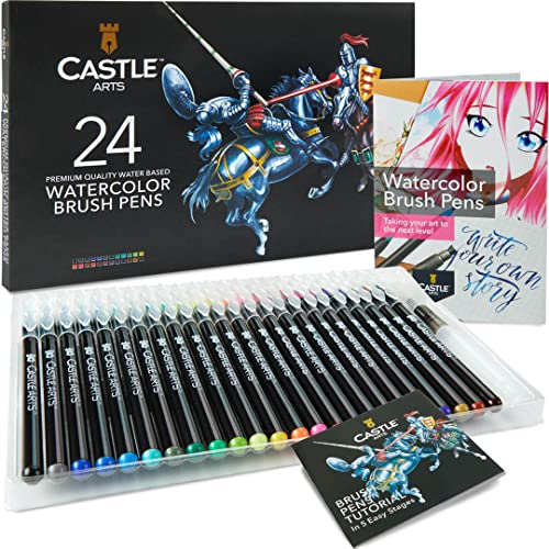 Castle Art Supplies Juego Rotuladores de Acuarelas | 24 Colores Vivos con Puntas de Nailon | Colorear, Dibujar y Rotulación: Profesionales, Artistas y Principiantes | Estuche Viaje con Pincel Acuarela