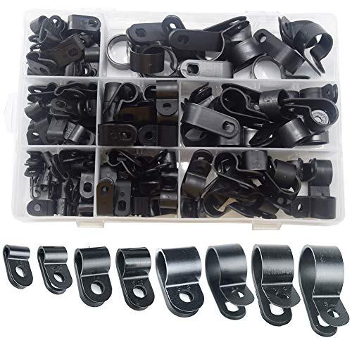 CEEYSEE - 160 clips de nailon tipo R para cable de sujeción de cables con abrazadera de alambre de agarre eléctrico con 1/8", 3/16", 1/4", 5/16", 3/8", 1/2", 5/8", 3/4", negro