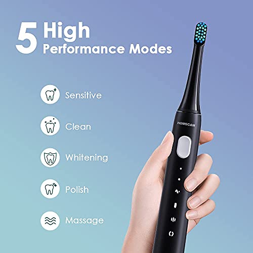 Cepillos de Dientes Electricos, HOMSCAM Cepillo de Dientes Sonico, IPX7 Impermeable Cepillo Electrico Dientes con 5 Modos, Carga 4 Horas por 30 Días, 3 Cabezas de Cepillo, 1 Cepillo de Limpieza Facial