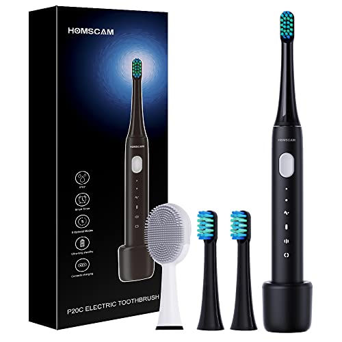 Cepillos de Dientes Electricos, HOMSCAM Cepillo de Dientes Sonico, IPX7 Impermeable Cepillo Electrico Dientes con 5 Modos, Carga 4 Horas por 30 Días, 3 Cabezas de Cepillo, 1 Cepillo de Limpieza Facial