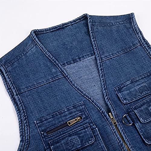 Chaleco Denim Men's Gilet Multi Pocket V-Cuello de Cuello en V Casual Senderismo Reporteros Fotografía Negociables Chaquetas sin Mangas Denim Liuyu. (Color : Denim Blue, Size : 5XL)