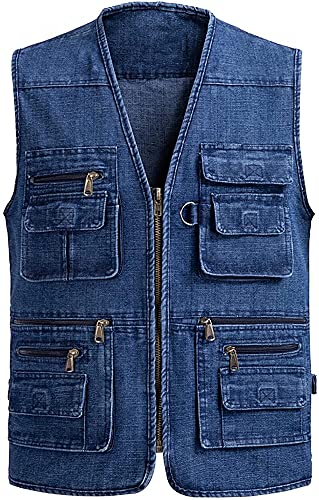 Chaleco Denim Men's Gilet Multi Pocket V-Cuello de Cuello en V Casual Senderismo Reporteros Fotografía Negociables Chaquetas sin Mangas Denim Liuyu. (Color : Denim Blue, Size : 5XL)