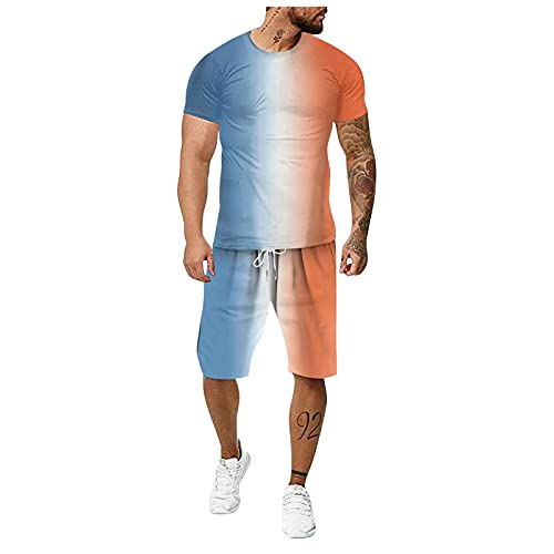 Chejarity Chándal para hombre, camiseta y pantalón corto, conjunto de camiseta y pantalón corto de verano, ropa deportiva de dos piezas, F-naranja., XXL