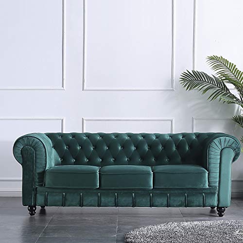 Chesterfield, Sofa de Tres Plazas, Sillon Descanso, 3 Personas, Acabado en Tejido Velvet Verde y Capitone, Medidas: 211 cm (Largo) x 84 cm (Fondo) x 75 cm (Alto)