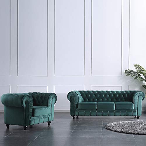 Chesterfield, Sofa de Tres Plazas, Sillon Descanso, 3 Personas, Acabado en Tejido Velvet Verde y Capitone, Medidas: 211 cm (Largo) x 84 cm (Fondo) x 75 cm (Alto)