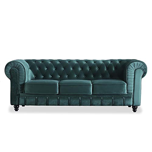 Chesterfield, Sofa de Tres Plazas, Sillon Descanso, 3 Personas, Acabado en Tejido Velvet Verde y Capitone, Medidas: 211 cm (Largo) x 84 cm (Fondo) x 75 cm (Alto)