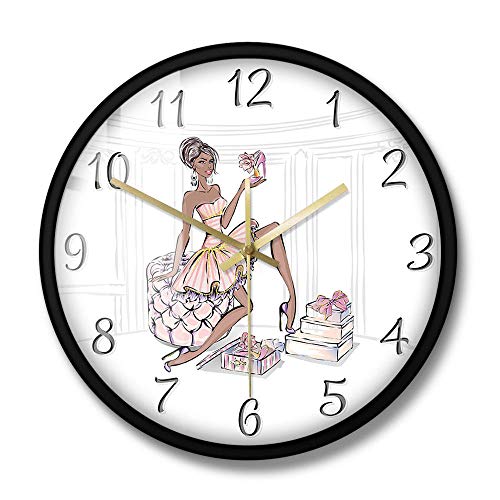 Chica de Moda con Zapatos Reloj de Pared Tienda de Mareas Decoración de Boutique Reloj de Pared Colgante Reloj silencioso sin tictac (Marco de Metal)