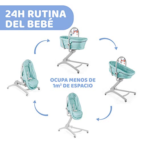 Chicco Baby Hug 4 en 1 Mini Cuna para Bebés 0 Meses - 3 Años (15 kg), Cuna, Hamaca, Trona y Silla para Bebés con Arco de Juguetes, Altura y Respaldo Ajustables y 4 Ruedas, Azul (Aquarelle)