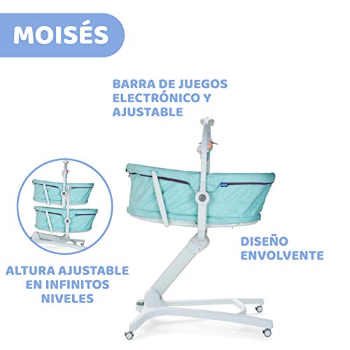 Chicco Baby Hug 4 en 1 Mini Cuna para Bebés 0 Meses - 3 Años (15 kg), Cuna, Hamaca, Trona y Silla para Bebés con Arco de Juguetes, Altura y Respaldo Ajustables y 4 Ruedas, Azul (Aquarelle)