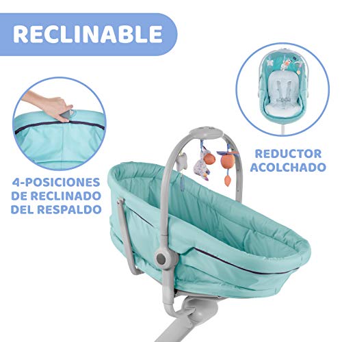 Chicco Baby Hug 4 en 1 Mini Cuna para Bebés 0 Meses - 3 Años (15 kg), Cuna, Hamaca, Trona y Silla para Bebés con Arco de Juguetes, Altura y Respaldo Ajustables y 4 Ruedas, Azul (Aquarelle)