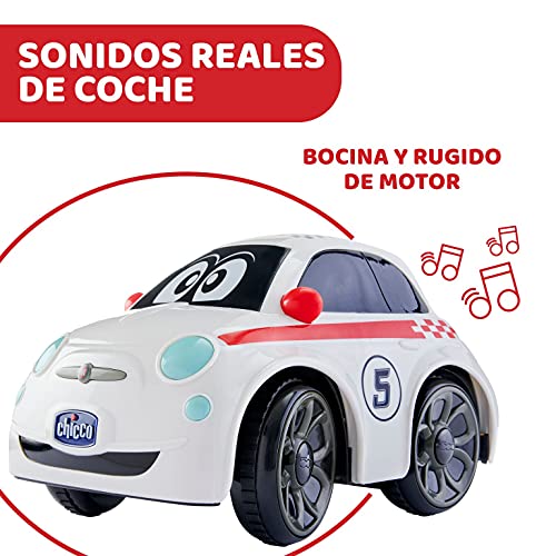 Chicco Fiat 500 Sport Blanco, Coche Teledirigido para Niños con Control Remoto Intuitivo en Forma de Volante, Luces y Sonidos – Coche Radiocontrol Apto para Niños y Niñas de 2 a 6 Años