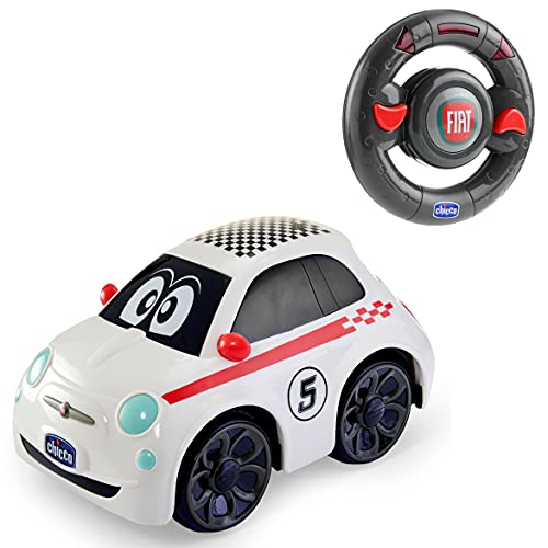 Chicco Fiat 500 Sport Blanco, Coche Teledirigido para Niños con Control Remoto Intuitivo en Forma de Volante, Luces y Sonidos – Coche Radiocontrol Apto para Niños y Niñas de 2 a 6 Años