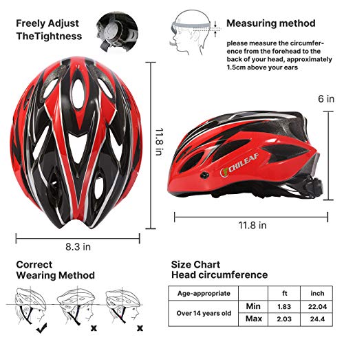 CHILEAF Casco Bicicleta Adulto de 56 a 62 cm con Visera, Casco Bici 18 ventilaciones, Cascos de Bicicleta de Ciclismo Ajustables, Ligeros, Hombres y Mujeres para Skateboard Mountain Road Bike (Rojo)