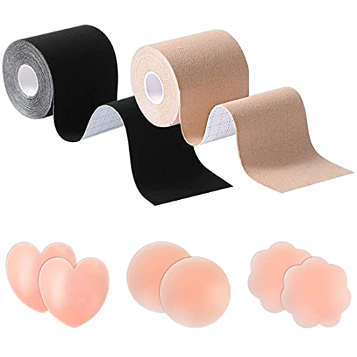 Cinta Adhesiva para Pechos Grandes,2 rodillos cinta para el cuerpo，Boob Tape Resistente al Agua Cinta Adhesiva con Efecto Sujetador Invisible,6 pezones para cubrir Pezoneras Adhesivas (Negro + Caqui)