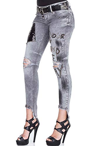 Cipo & Baxx Destroyed - Pantalones vaqueros para mujer, corte ajustado, parches de lentejuelas, vaqueros, gris, 32