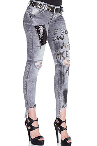 Cipo & Baxx Destroyed - Pantalones vaqueros para mujer, corte ajustado, parches de lentejuelas, vaqueros, gris, 32