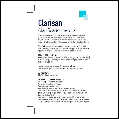 Clarisan| Clarificador Natural liquido para Piscinas | Alta concentración | Disolución rápida| Fabricado en España | Válido para Jacuzzi, Piscinas y spas| 750ml