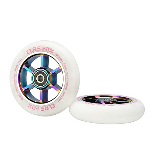 CLAS FOX Ruedas de Scooter Profesional para Acrobacias 110mm con ABEC-9 rodamientos núcleo metálico(2pcs) (Arco Iris Blanco)