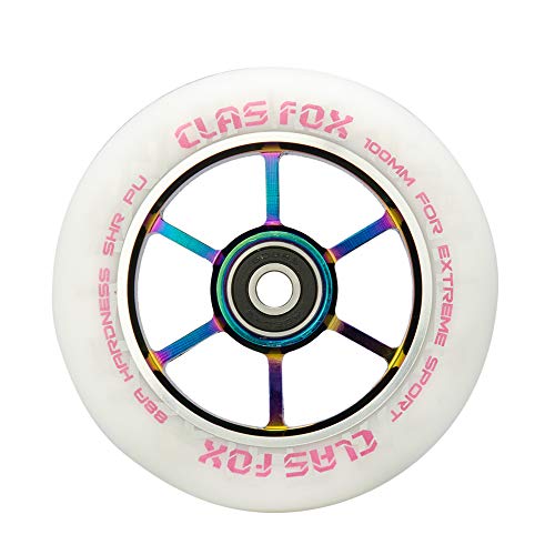 CLAS FOX Ruedas de Scooter Profesional para Acrobacias 110mm con ABEC-9 rodamientos núcleo metálico(2pcs) (Arco Iris Blanco)