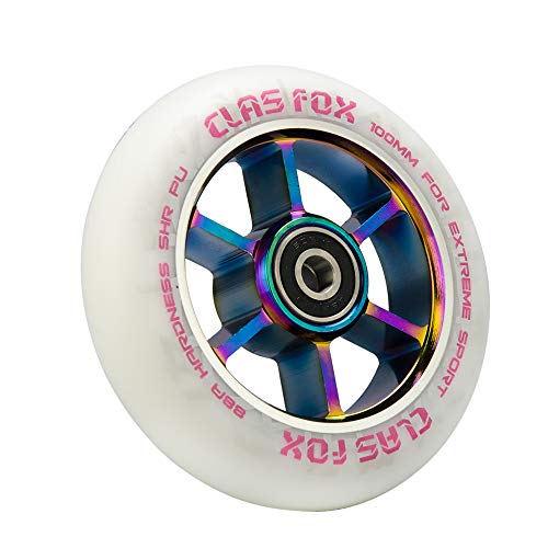 CLAS FOX Ruedas de Scooter Profesional para Acrobacias 110mm con ABEC-9 rodamientos núcleo metálico(2pcs) (Arco Iris Blanco)